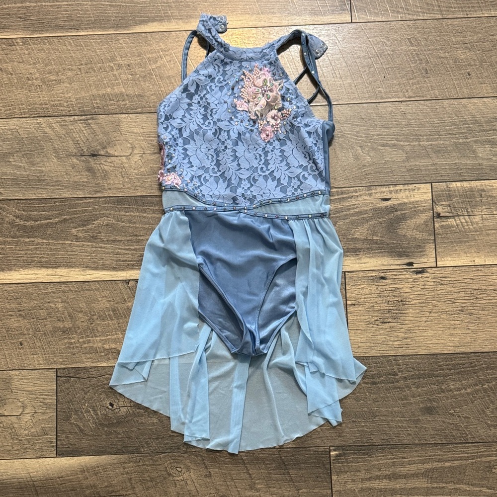 Blue Lace Dance Costume with Floral Detail